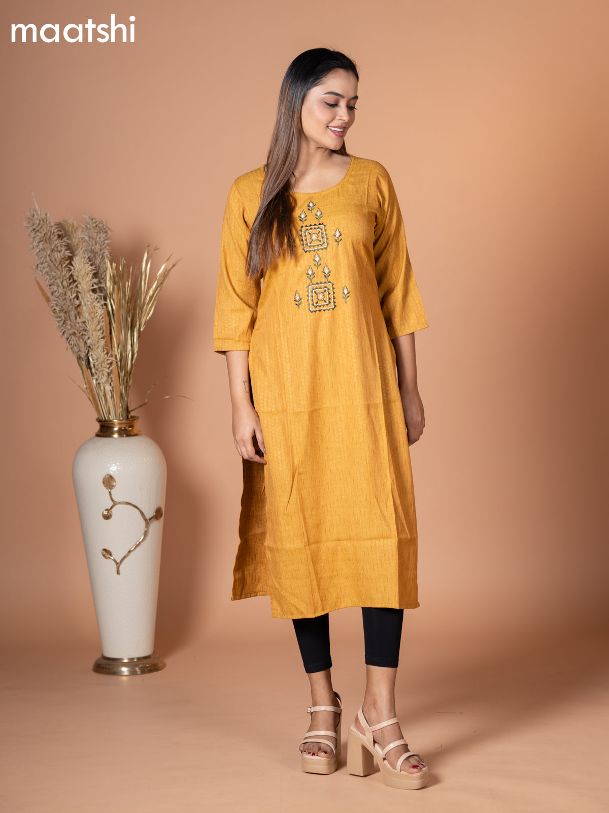 Rayon kurti mustard shade with embroidery work neck pattern without pant