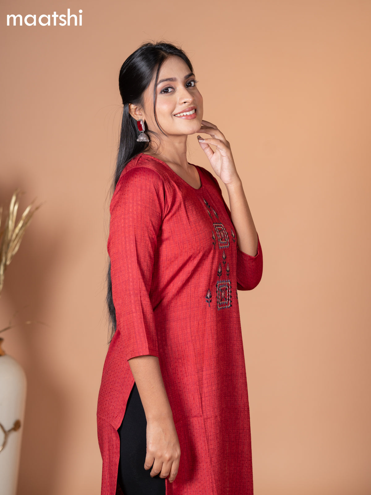 Rayon kurti maroon with embroidery work neck pattern without pant