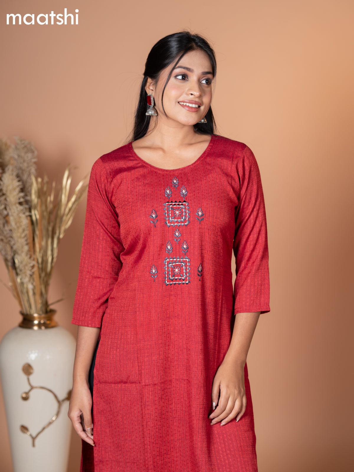 Rayon kurti maroon with embroidery work neck pattern without pant