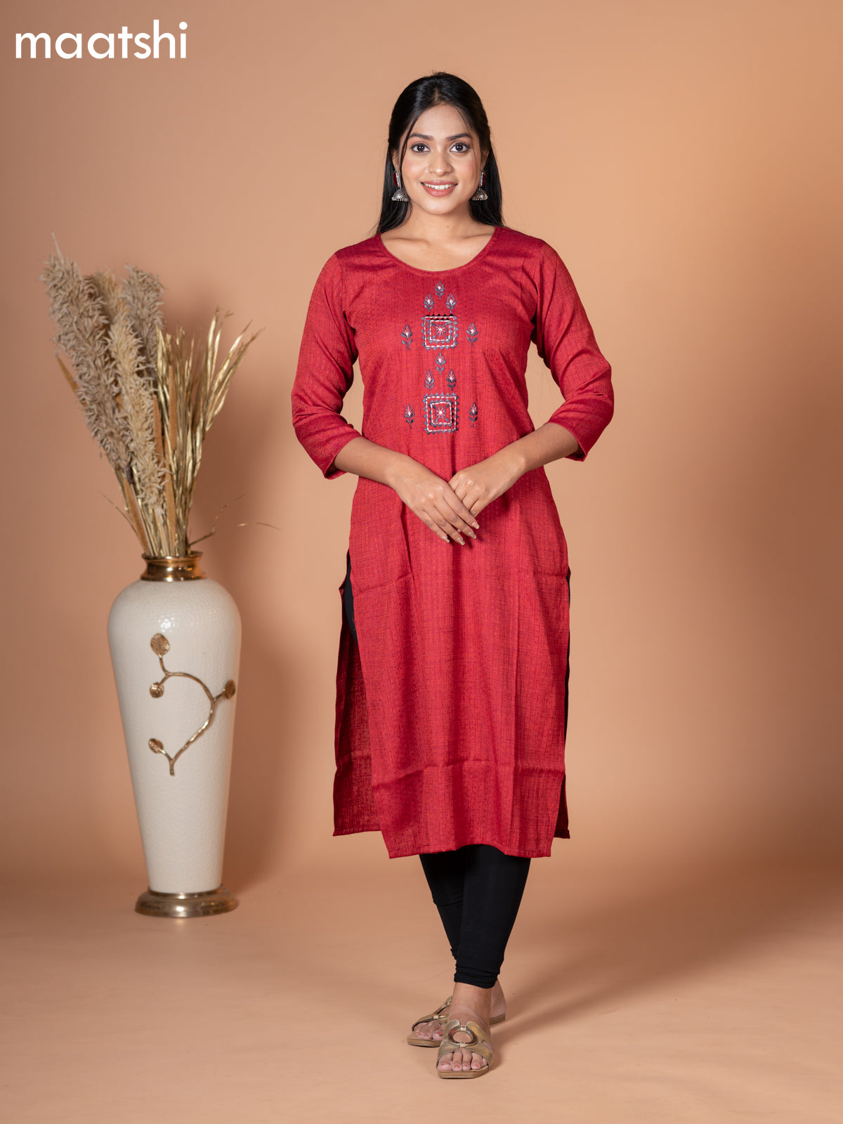 Rayon kurti maroon with embroidery work neck pattern without pant