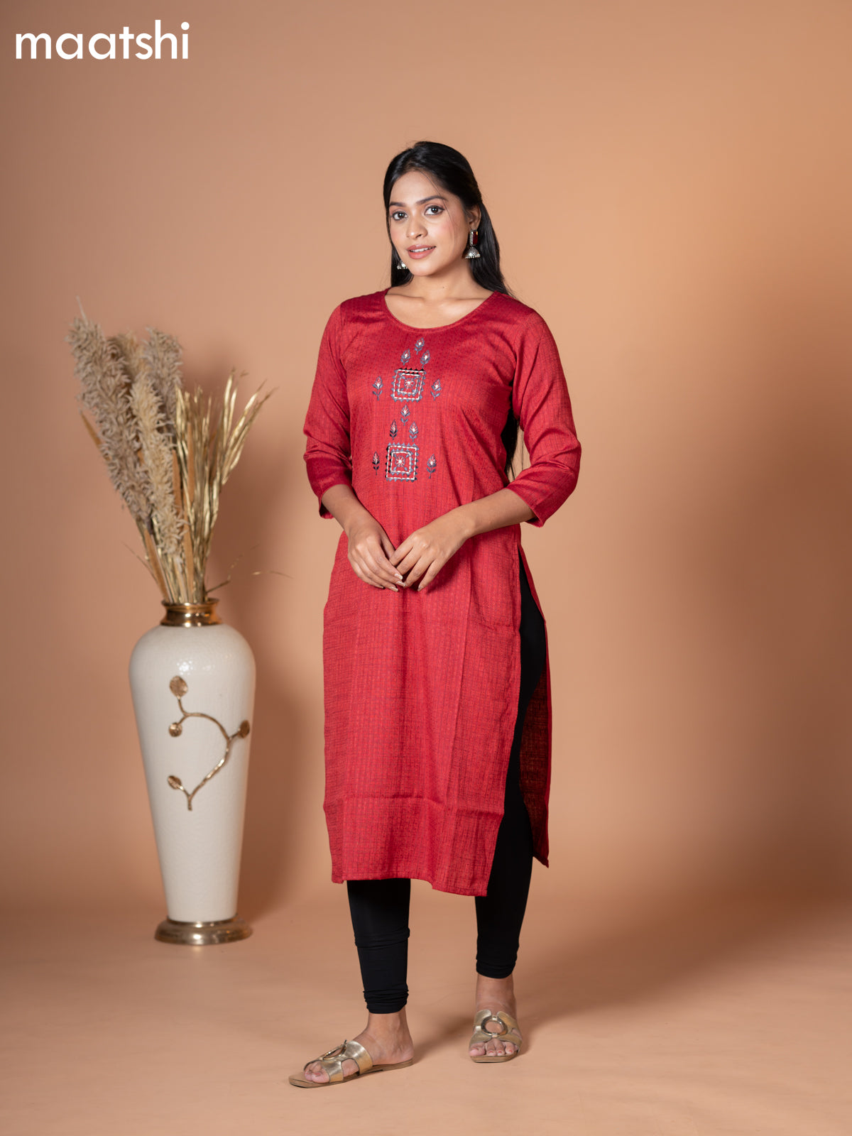 Rayon kurti maroon with embroidery work neck pattern without pant