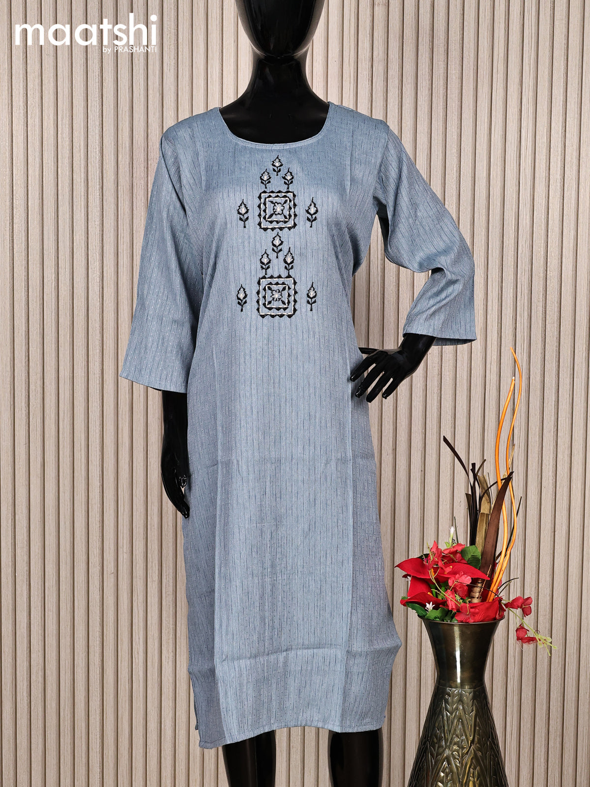 Rayon readymade kurti grey with embroidery work neck pattern without pant