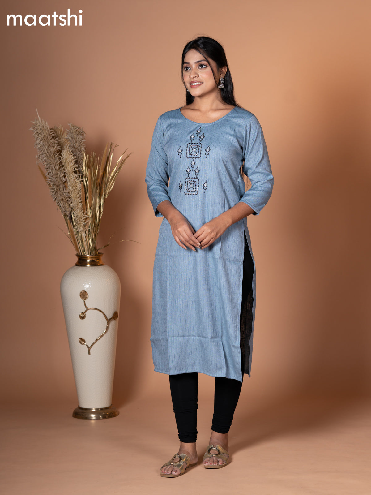 Rayon kurti grey with embroidery work neck pattern without pant