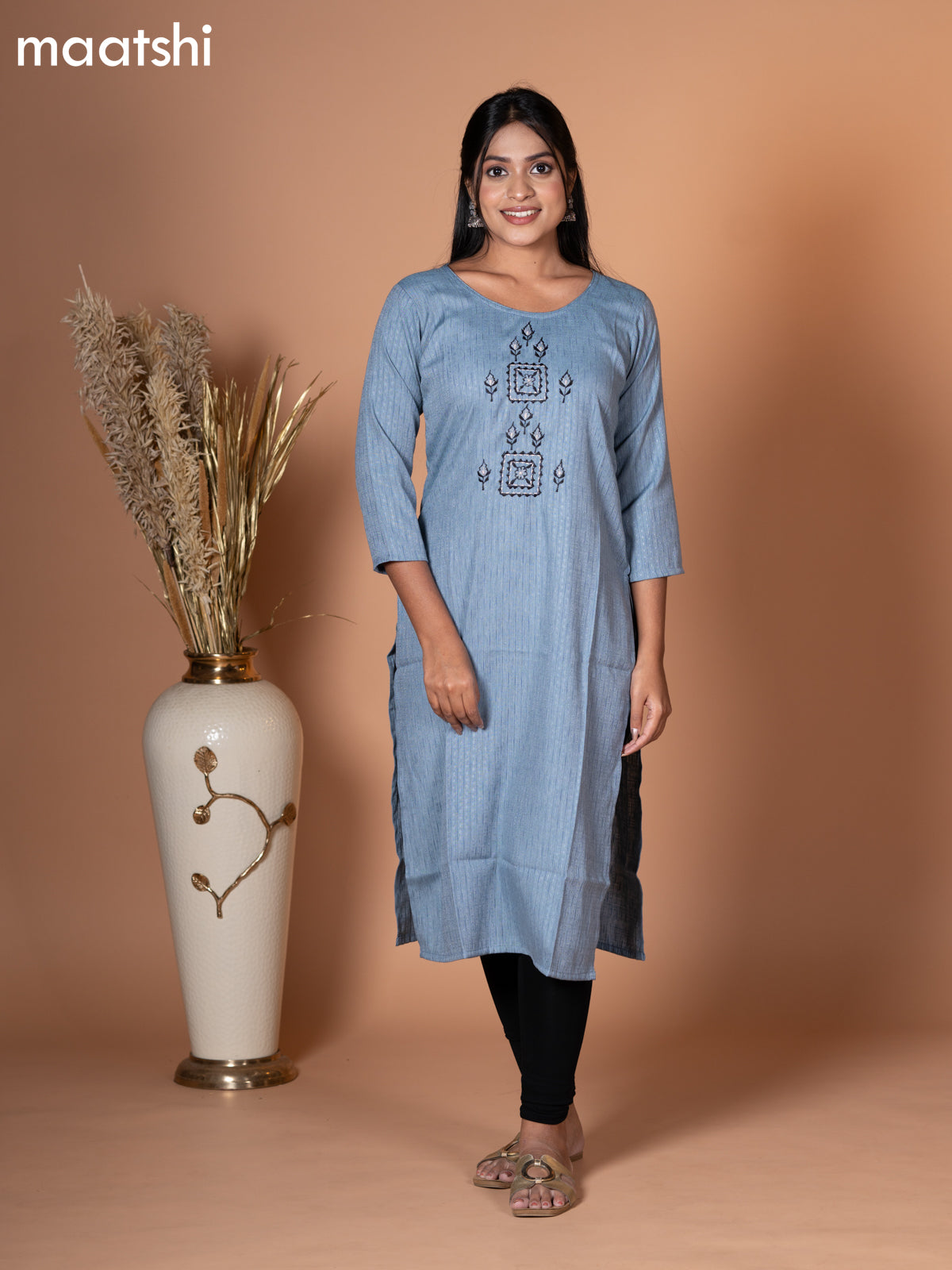 Rayon kurti grey with embroidery work neck pattern without pant