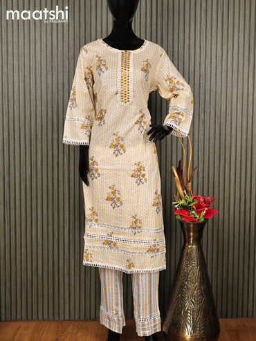 Cotton readymade salwar suit off white and pale yellow with allover floral prints & beaded work neck pattern and straight cut pant & organza dupatta