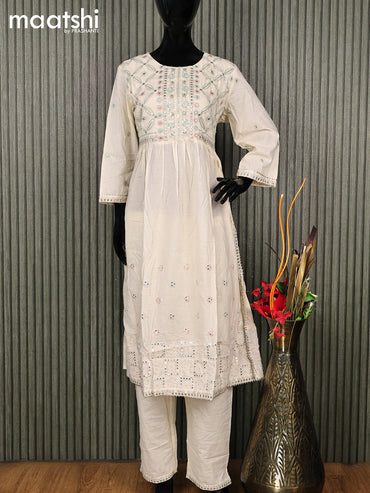 Cotton readymade salwar suit cream with floral design embroidery work neck pattern and straight cut pant & cotton dupatta