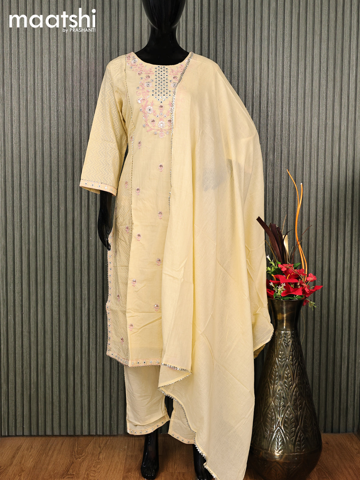 Cotton readymade salwar suit pale yellow with floral design embroidery work neck pattern and straight cut pant & gottapatti lace work dupatta