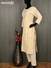 Cotton readymade salwar suit pale yellow with floral design embroidery work neck pattern and straight cut pant & gottapatti lace work dupatta