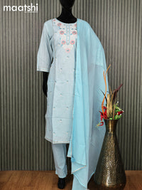 Cotton readymade salwar suit light blue with floral design embroidery work neck pattern and straight cut pant & gottapatti lace work dupatta