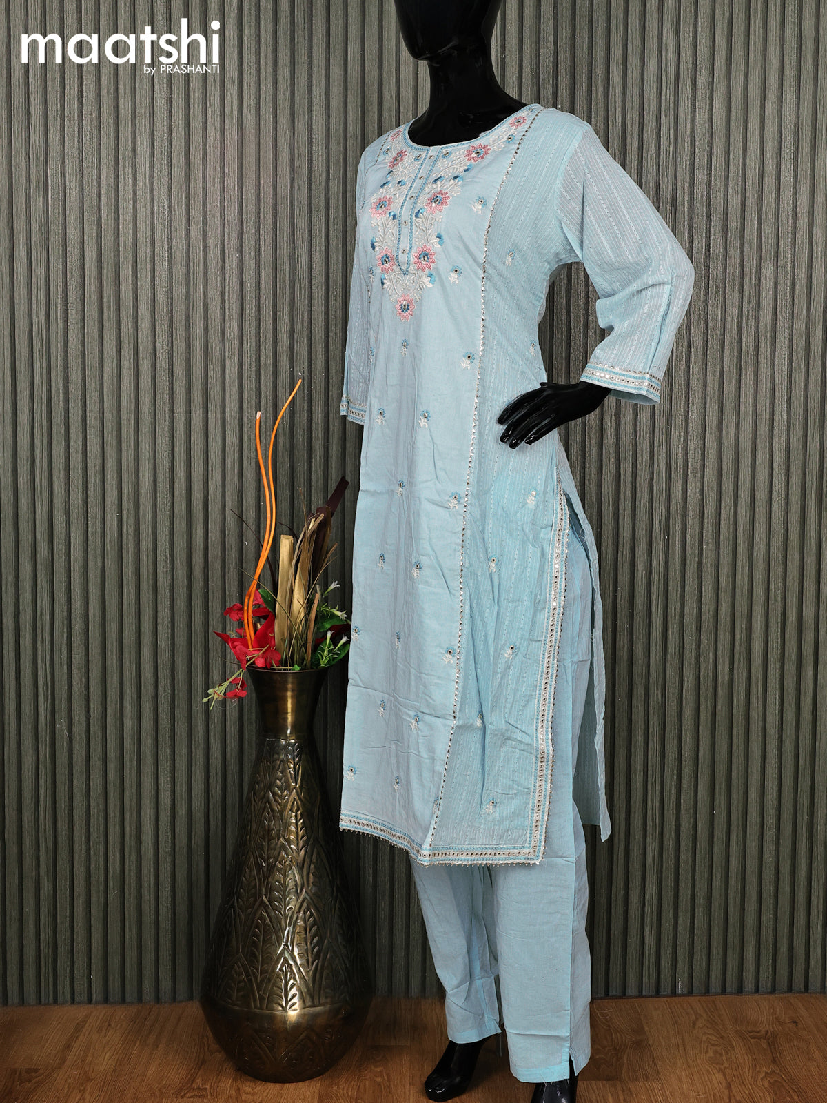 Cotton readymade salwar suit light blue with floral design embroidery work neck pattern and straight cut pant & gottapatti lace work dupatta