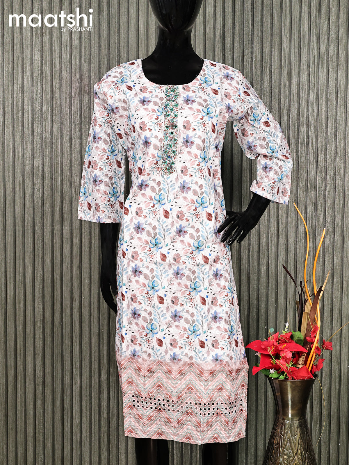 Cotton readymade kurti off white with allover floral prints & embroidery work without pant