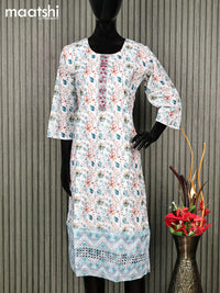 Cotton readymade kurti off white with allover floral prints & embroidery work without pant