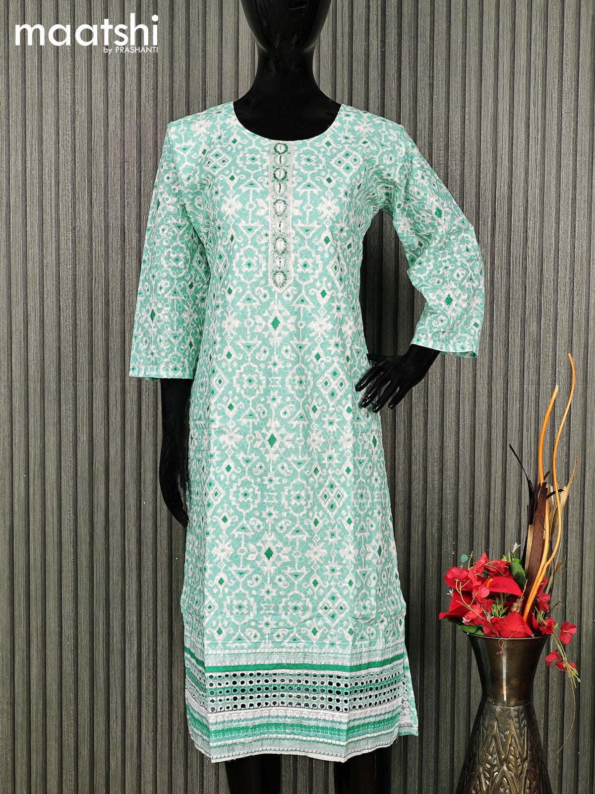 Cotton readymade kurti teal blue and off white with allover batik prints & embroidery work without pant