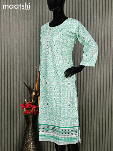 Cotton readymade kurti teal blue and off white with allover batik prints & embroidery work without pant