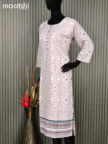 Cotton readymade kurti mild purple and off white with allover batik prints & embroidery work without pant