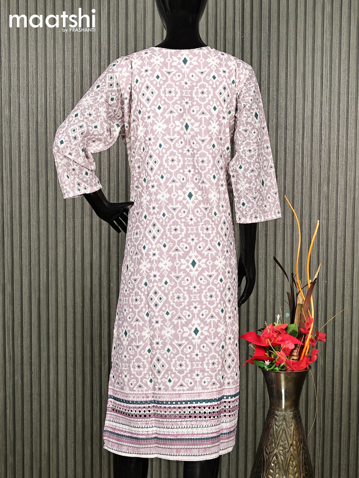 Cotton readymade kurti mild purple and off white with allover batik prints & embroidery work without pant