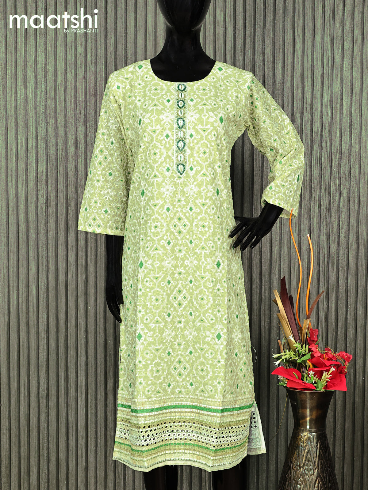 Cotton readymade kurti light green and off white with allover batik prints & embroidery work without pant