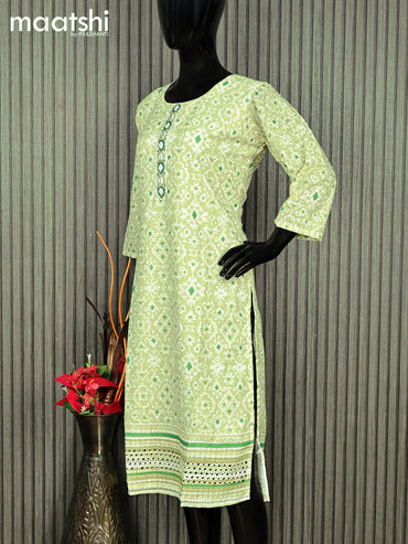 Cotton readymade kurti light green and off white with allover batik prints & embroidery work without pant