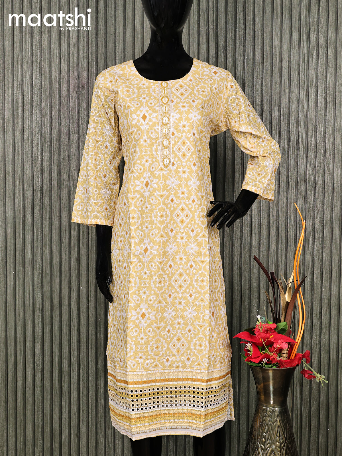 Cotton readymade kurti yellow and off white with allover batik prints & embroidery work without pant