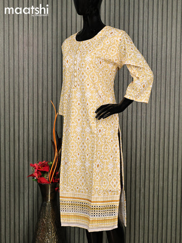 Cotton readymade kurti yellow and off white with allover batik prints & embroidery work without pant