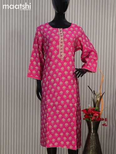 Modal readymade salwar suit pink with allover floral butta prints & embroidery work neck pattern and straight cut pant & chiffon dupatta