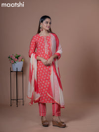 Modal readymade salwar suit red with allover floral butta prints & embroidery work neck pattern and straight cut pant & chiffon dupatta