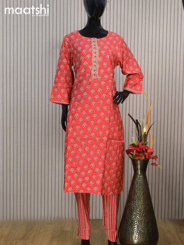 Modal readymade salwar suit red with allover floral butta prints & embroidery work neck pattern and straight cut pant & chiffon dupatta