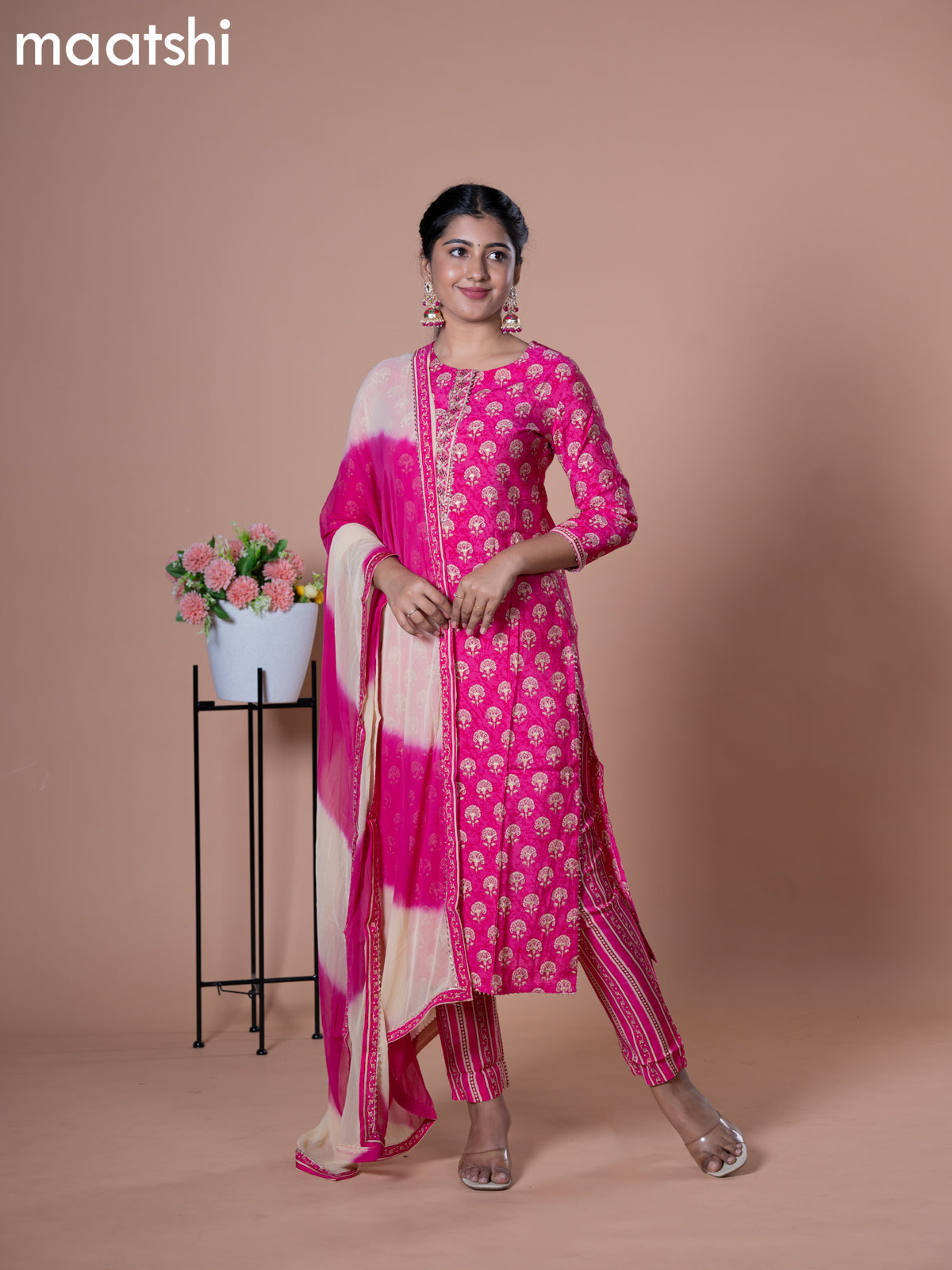 Modal readymade salwar suit pink with allover floral butta prints & embroidery work neck pattern and straight cut pant & chiffon dupatta