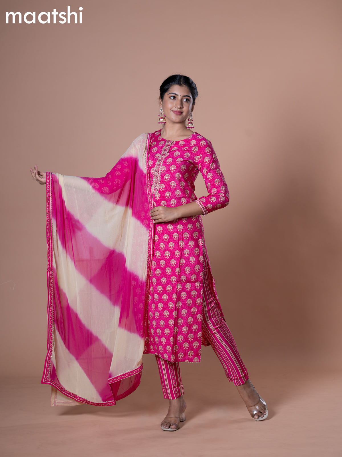 Modal readymade salwar suit pink with allover floral butta prints & embroidery work neck pattern and straight cut pant & chiffon dupatta