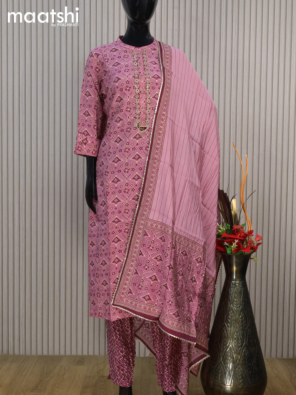 Modal readymade salwar suit mauve pink with allover geometric prints & beaded work neck pattern and straight cut pant & cotton dupatta