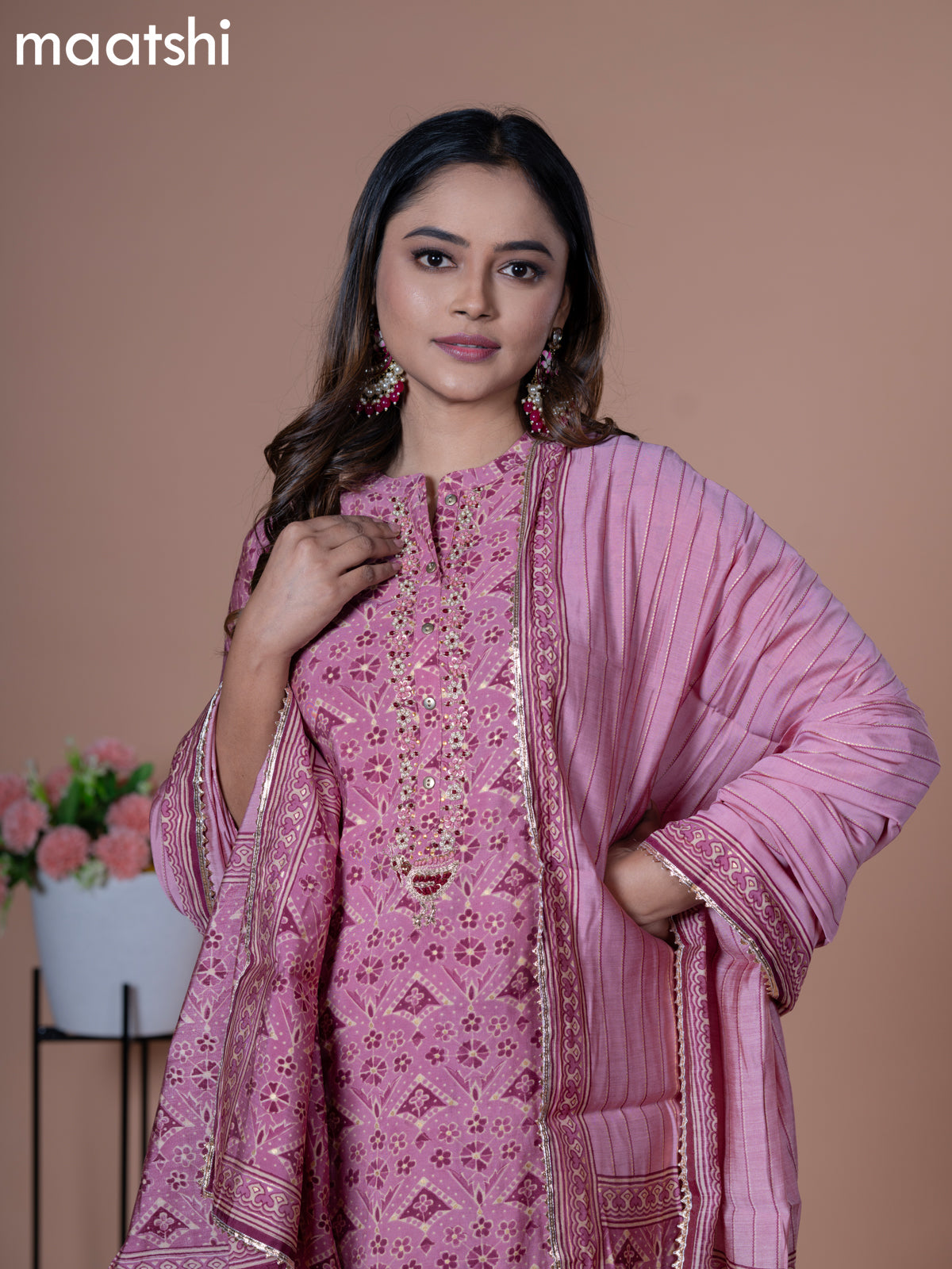 Modal readymade salwar suit mauve pink with allover geometric prints & beaded work neck pattern and straight cut pant & cotton dupatta