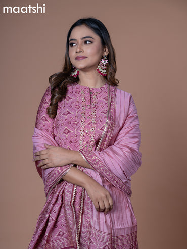 Modal readymade salwar suit mauve pink with allover geometric prints & beaded work neck pattern and straight cut pant & cotton dupatta