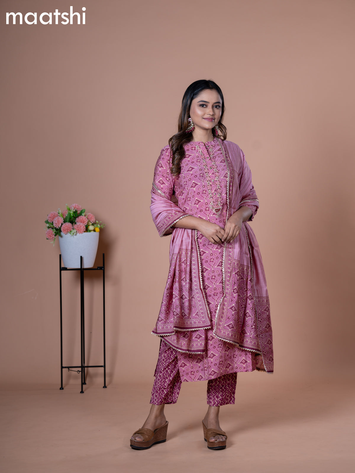 Modal readymade salwar suit mauve pink with allover geometric prints & beaded work neck pattern and straight cut pant & cotton dupatta