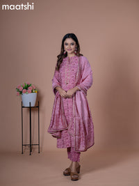 Modal readymade salwar suit mauve pink with allover geometric prints & beaded work neck pattern and straight cut pant & cotton dupatta