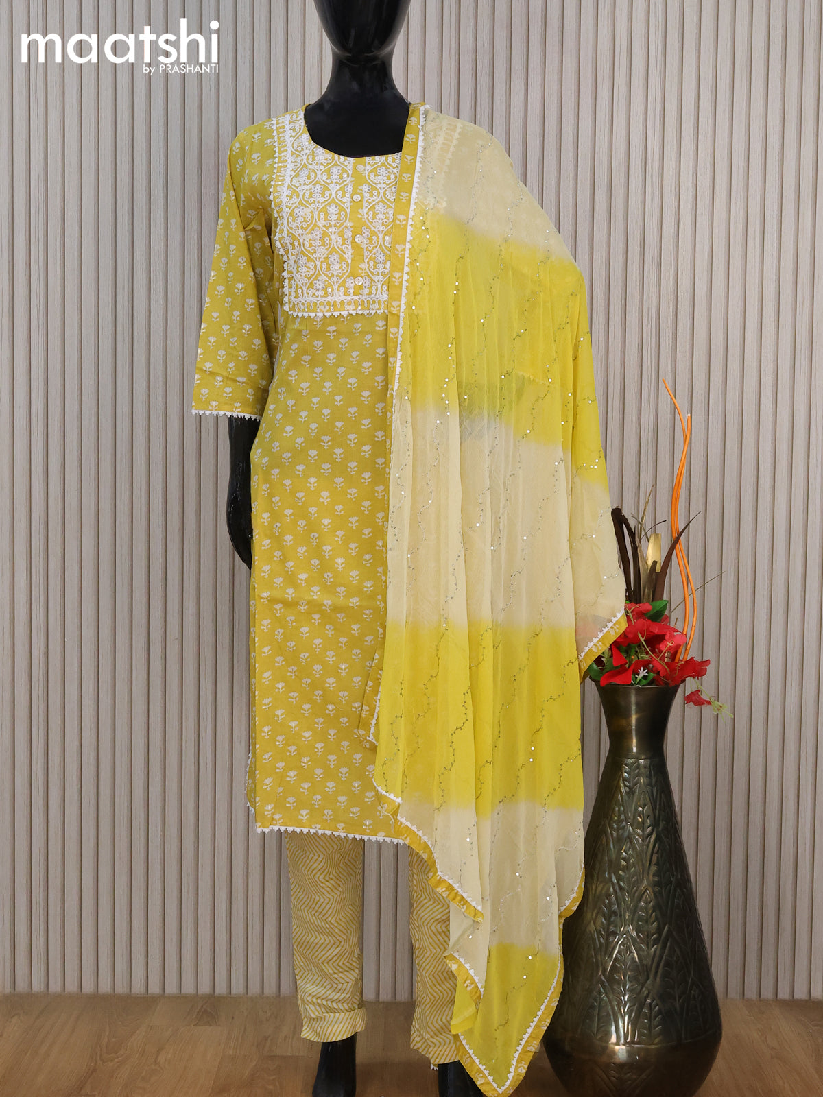 Cotton readymade salwar suit lime yellow with allover floral butta prints & embroidery work neck pattern and straight cut pant & chiffon dupatta