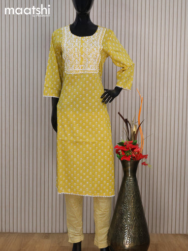 Cotton readymade salwar suit lime yellow with allover floral butta prints & embroidery work neck pattern and straight cut pant & chiffon dupatta