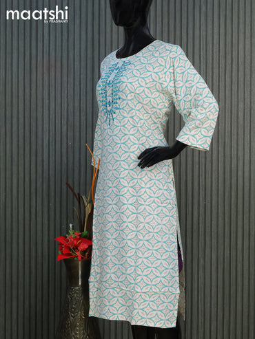 Cotton readymade kurti off white and teal green with allover geometric prints & simple work neck pattern without pant