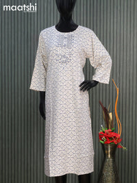 Cotton readymade kurti off white and grey with allover geometric prints & simple work neck pattern without pant