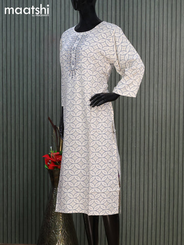 Cotton readymade kurti off white and grey with allover geometric prints & simple work neck pattern without pant