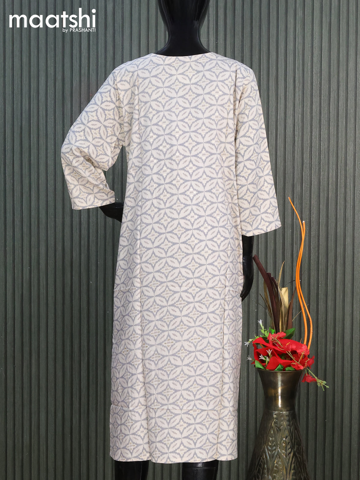 Cotton readymade kurti off white and grey with allover geometric prints & simple work neck pattern without pant