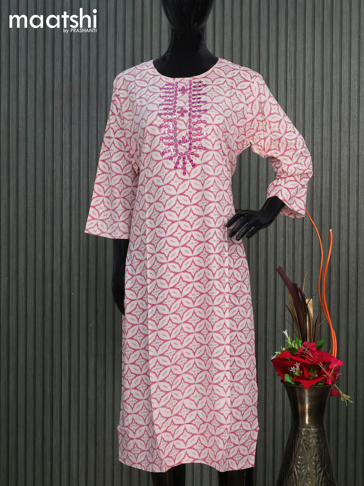 Cotton readymade kurti off white and pink with allover geometric prints & simple work neck pattern without pant