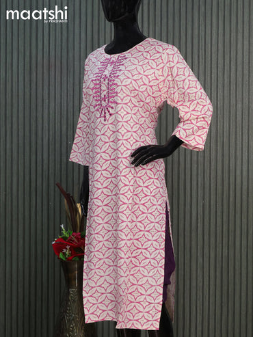 Cotton readymade kurti off white and pink with allover geometric prints & simple work neck pattern without pant