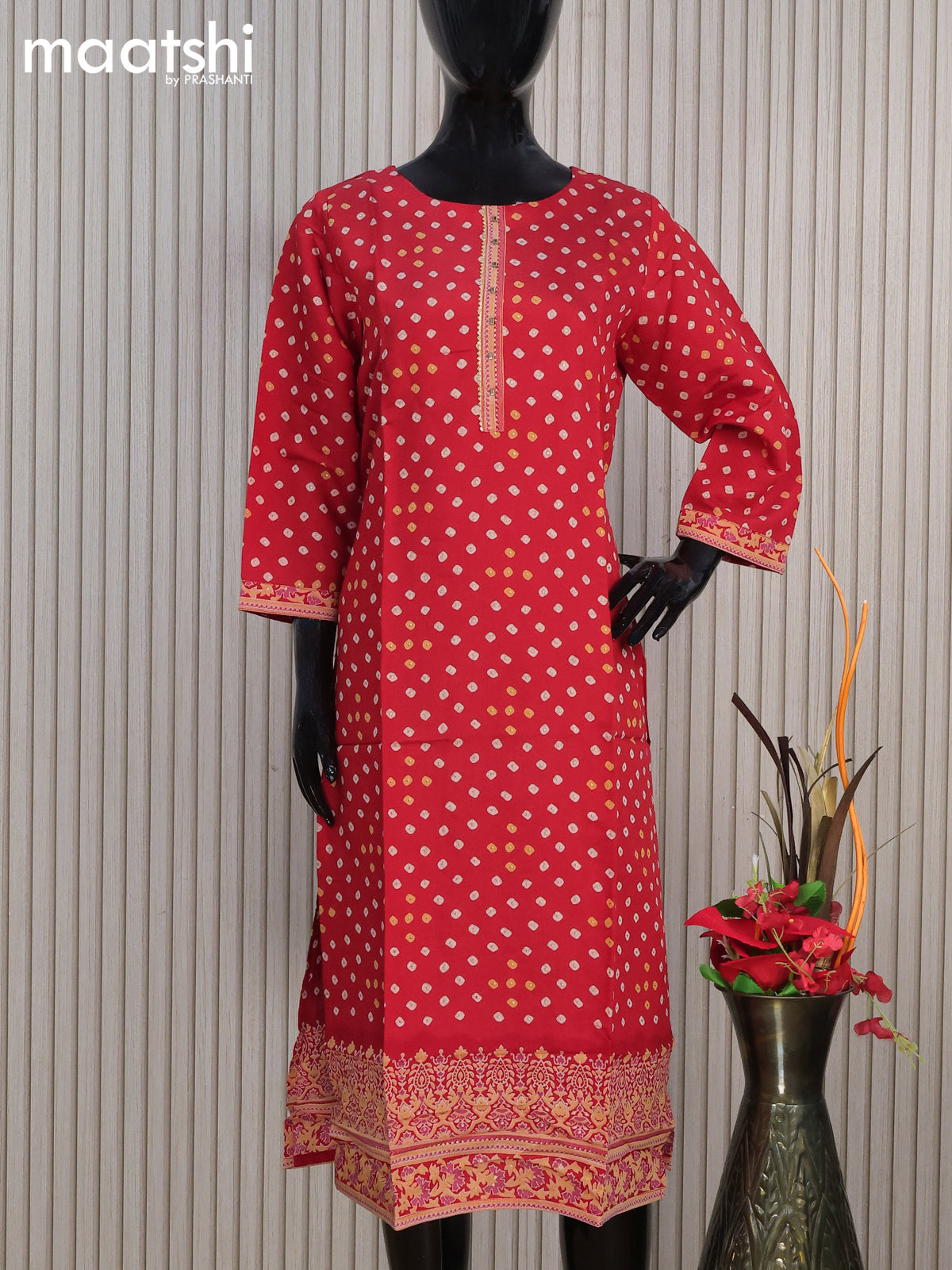 Modal readymade kurti red with allover bandhani prints & simple work neck pattern without pant