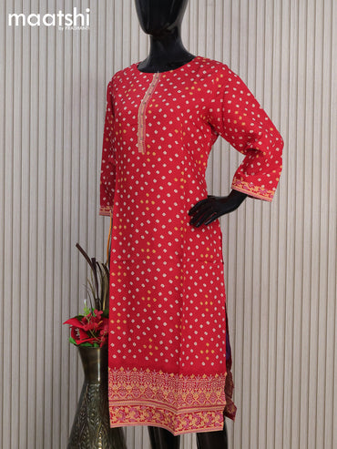 Modal readymade kurti red with allover bandhani prints & simple work neck pattern without pant