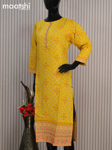 Modal readymade kurti yellow with allover bandhani prints & simple work neck pattern without pant