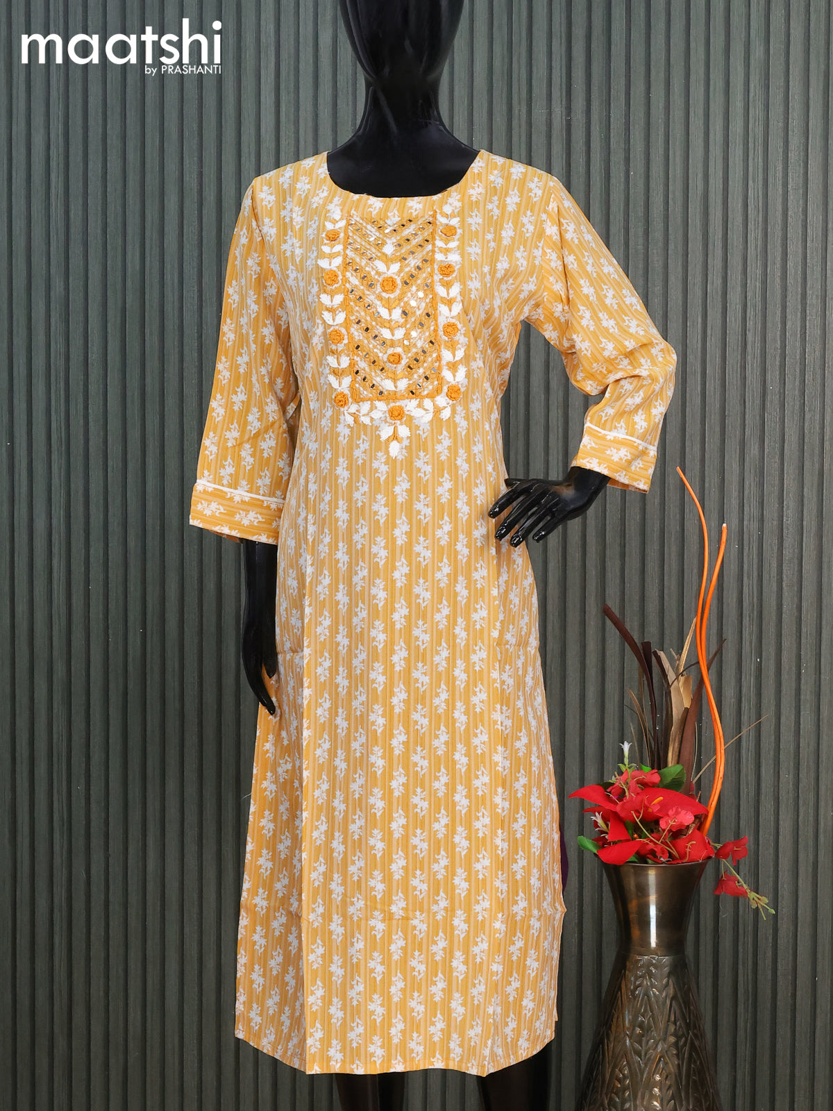 Cotton readymade kurti mustard yellow with allover butta prints & embroidery mirror work neck pattern without pant