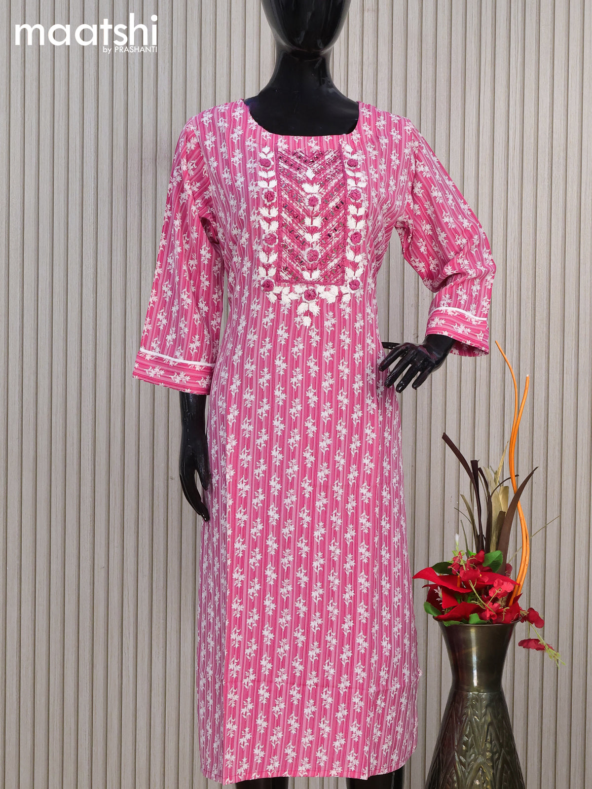 Cotton readymade kurti pink with allover butta prints & embroidery mirror work neck pattern without pant