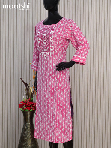 Cotton readymade kurti pink with allover butta prints & embroidery mirror work neck pattern without pant