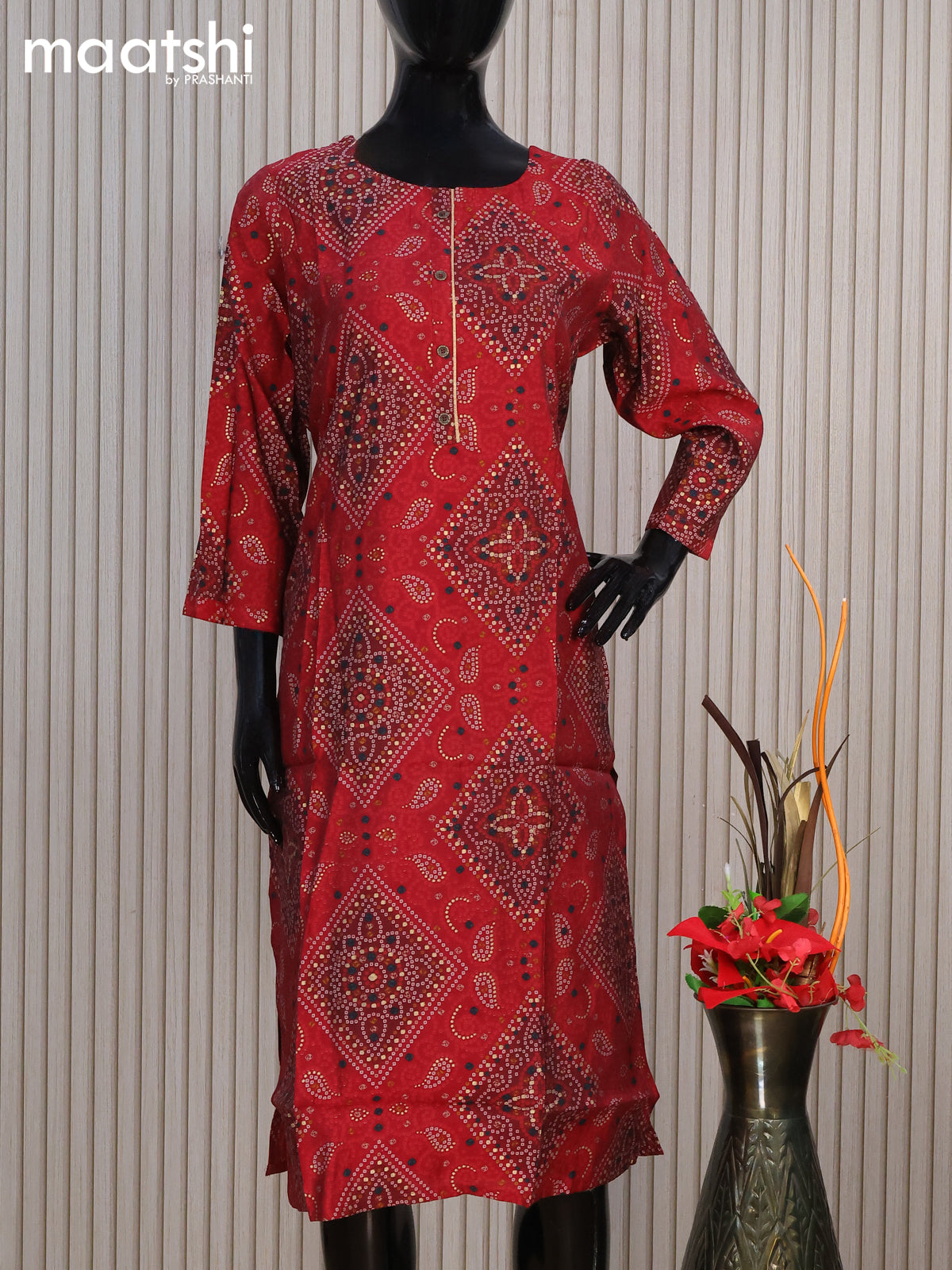 Modal readymade kurti maroon with allover bandhani prints & simple work neck pattern without pant