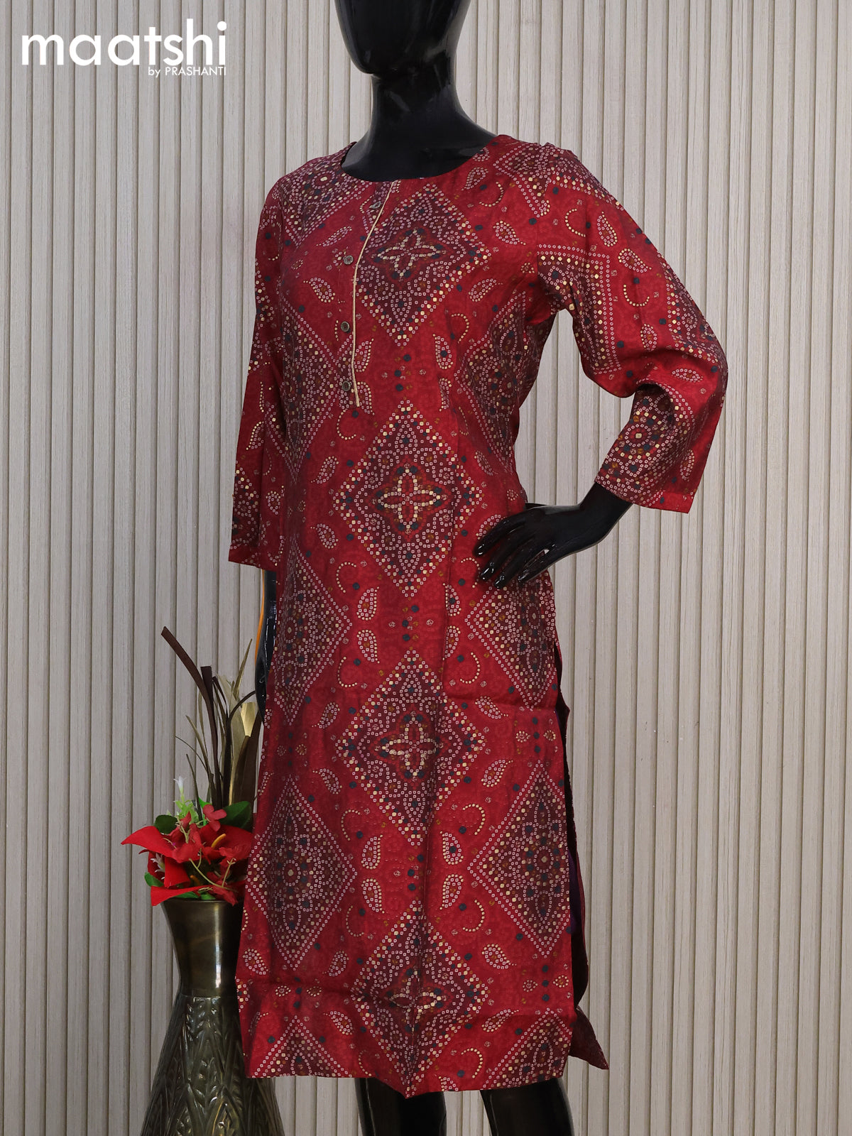 Modal readymade kurti maroon with allover bandhani prints & simple work neck pattern without pant